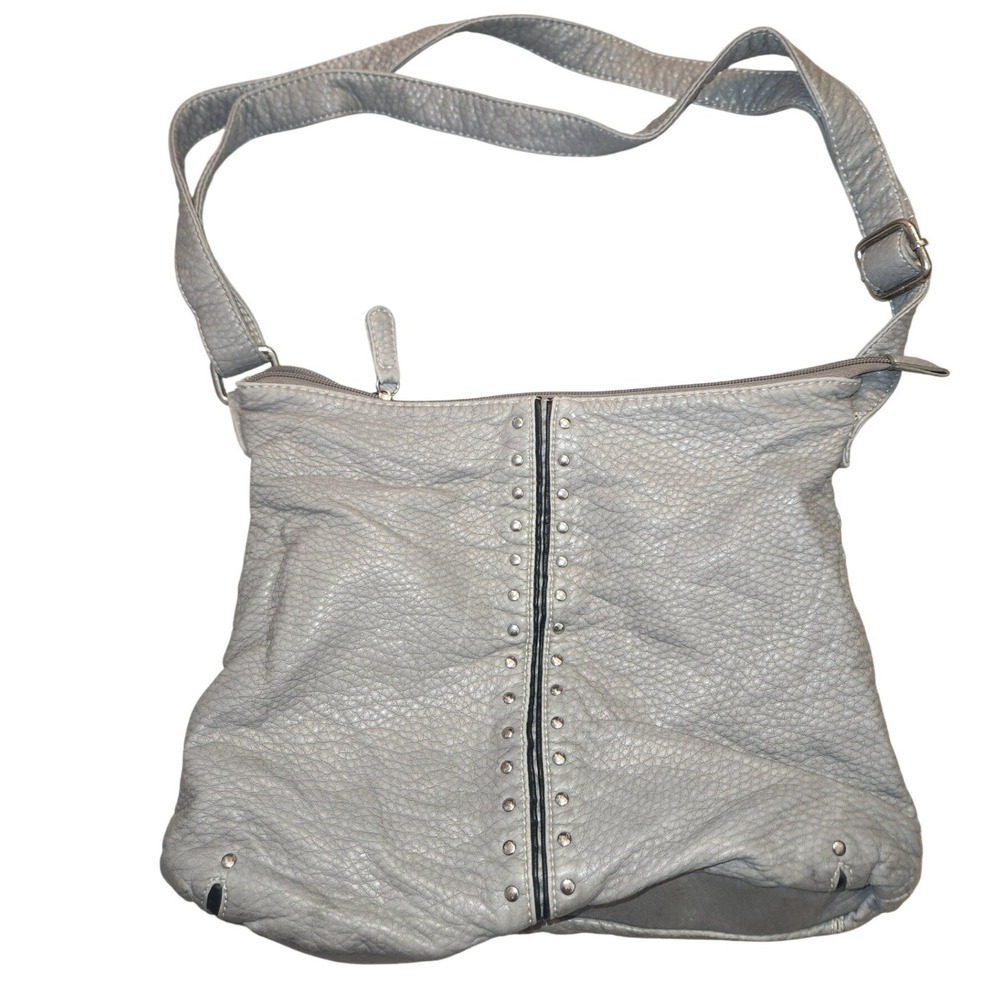 Marc Ecko Grey Pebbled Faux Leather Studded Crossbody‎ Bag Red Lining CA07248